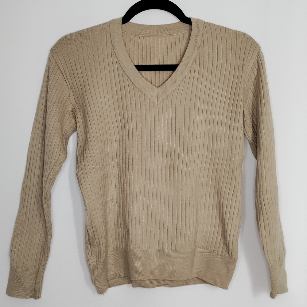 Korean Beige Ribbed V-Neck Sweater